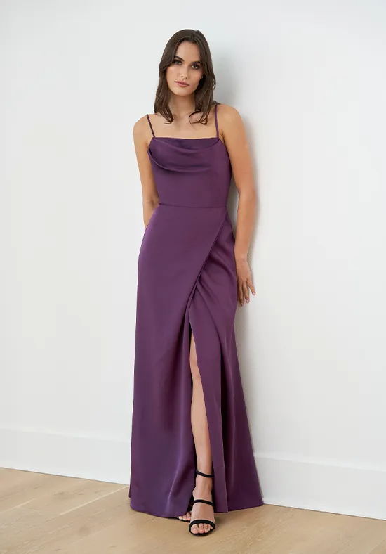 Lustrous Plum Column Cowl Spaghetti Straps Tie V Back High Slit Floor Length Bridesmaid Dress