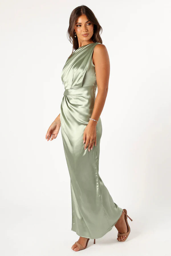 Lustrous Satin Column One Shoulder Draped Bodice Solid Back High Slit Maxi Evening Dress