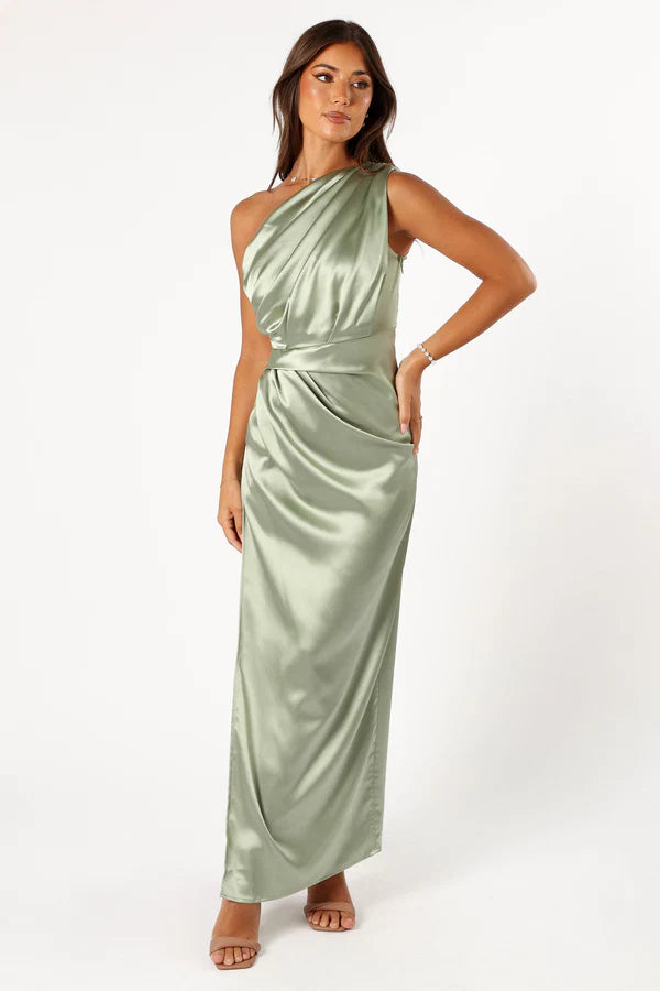 Lustrous Satin Column One Shoulder Draped Bodice Solid Back High Slit Maxi Evening Dress