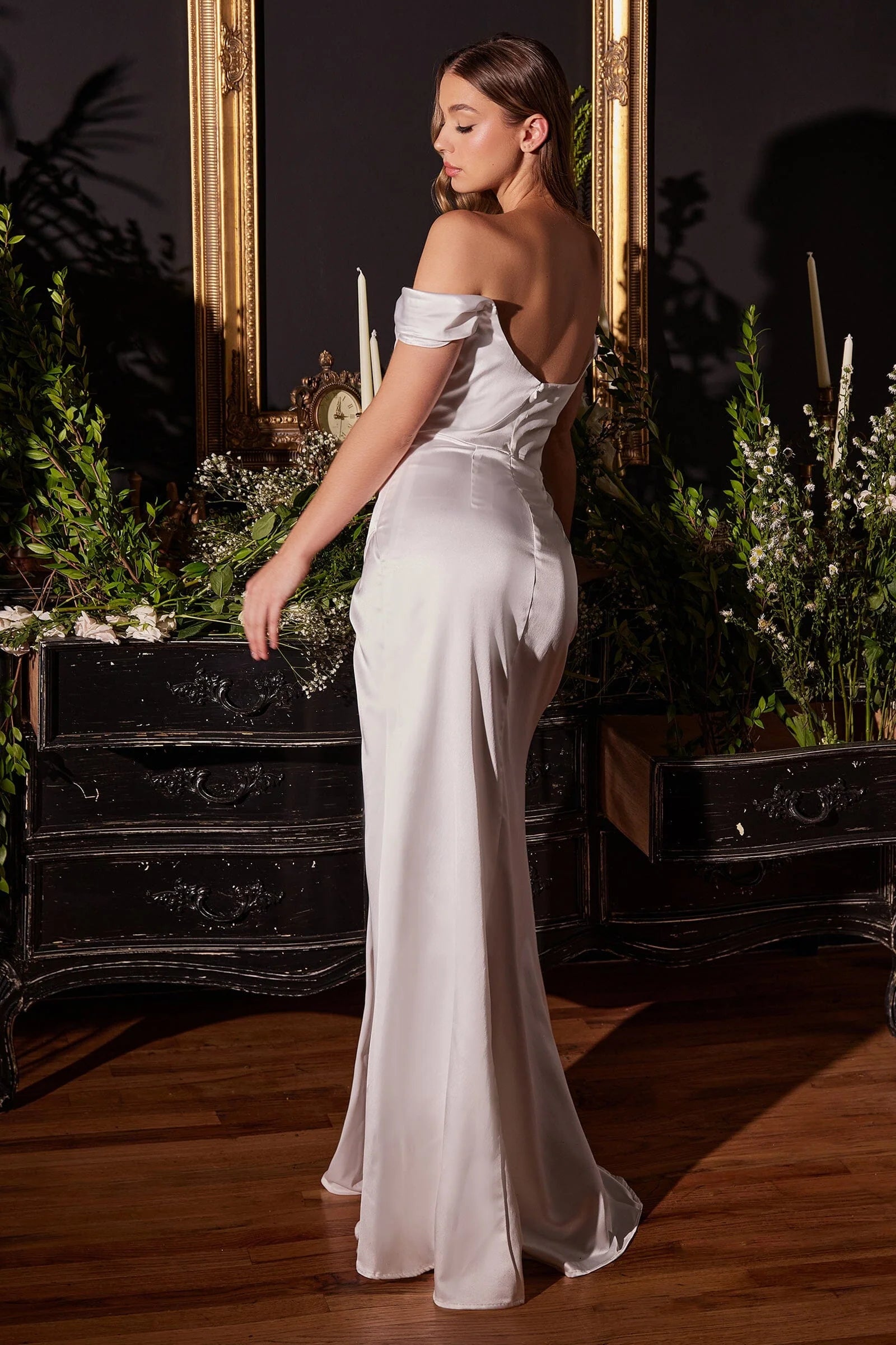 Lustrous Satin Mermaid Off The Shoulder Corset High Slit Floor Length Dress