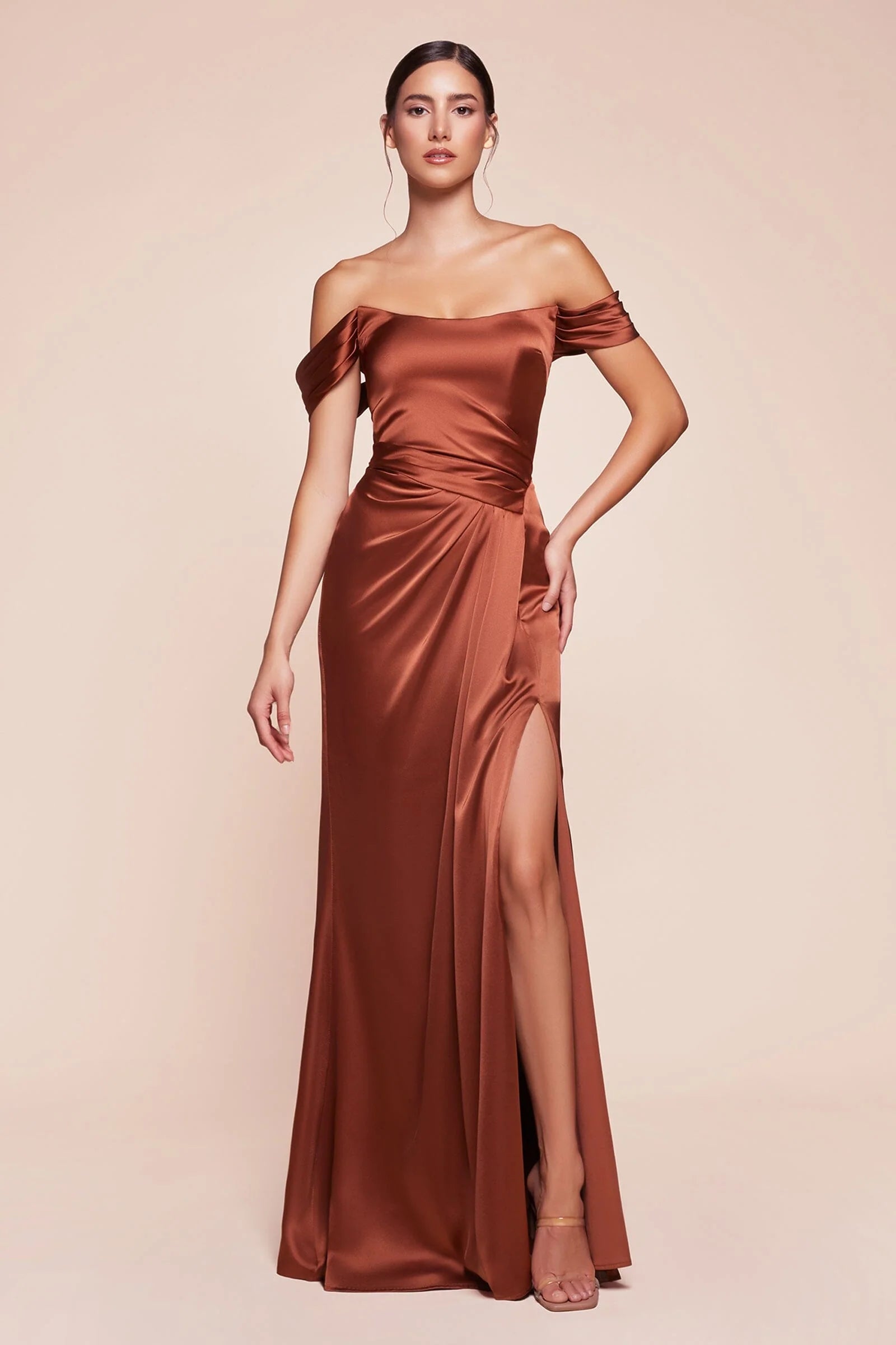 Lustrous Satin Mermaid Off The Shoulder High Slit Floor Length Prom Dress