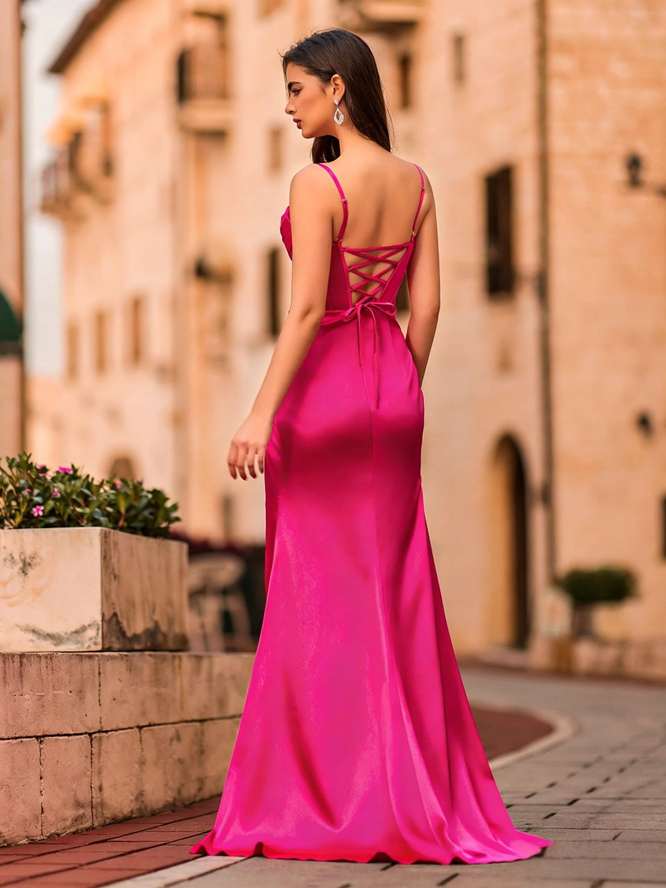 Lustrous Satin Mermaid Spaghetti-Strap Beaded-Bodice Lace-Up-Back Slit Floor Length Evening Dress