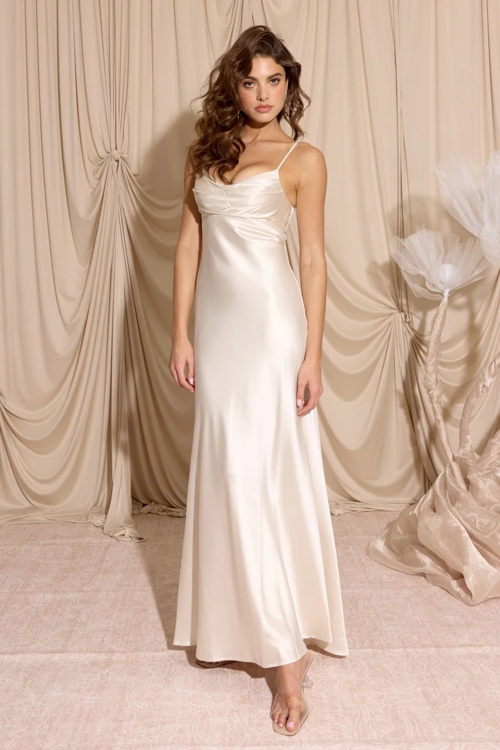 Lustrous Satin Slip Cowl Neck Spaghetti Strap Floor Length Prom Dress