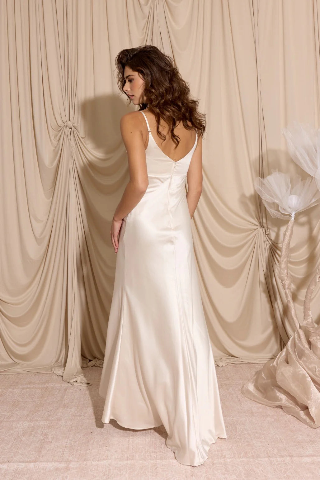 Lustrous Satin Slip Cowl Neck Spaghetti Strap Floor Length Prom Dress