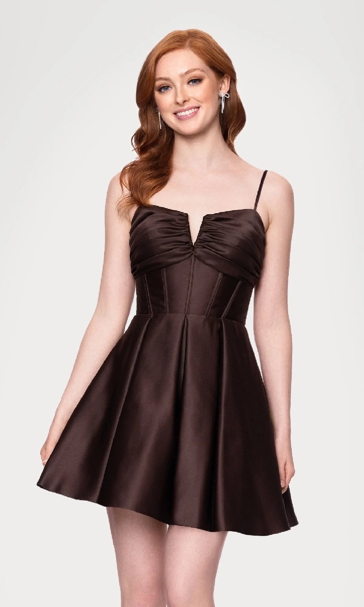 Lustrous Satin Spaghetti Strap Ruched Corset Pocket Skirt Lace-Up Back Mini Homecoming Dress