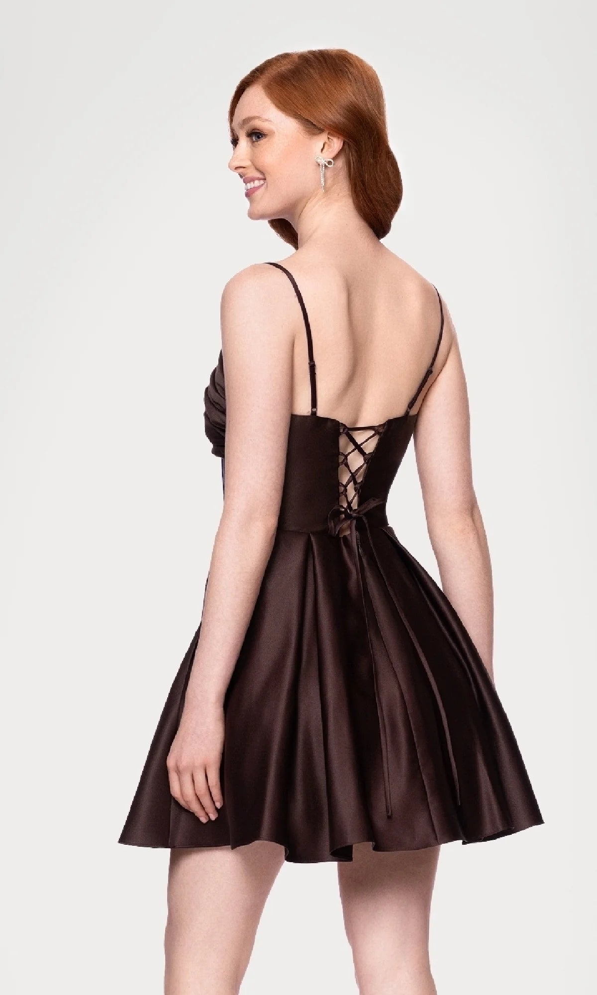 Lustrous Satin Spaghetti Strap Ruched Corset Pocket Skirt Lace-Up Back Mini Homecoming Dress