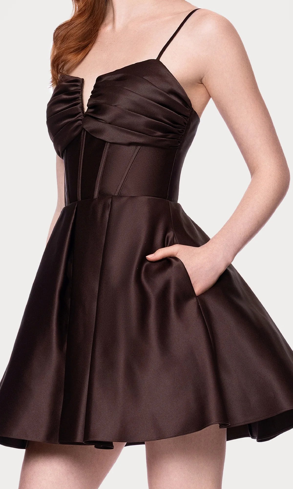 Lustrous Satin Spaghetti Strap Ruched Corset Pocket Skirt Lace-Up Back Mini Homecoming Dress