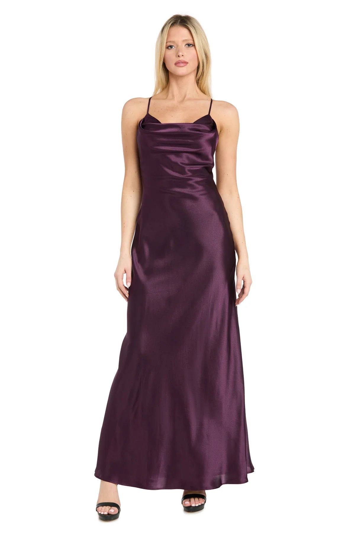 Lustrous Slip-Style Cowl-Neck Spaghetti-Strap Lace-Up Purple Evening Dress