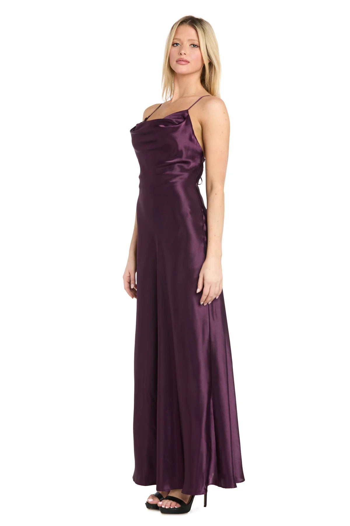 Lustrous Slip-Style Cowl-Neck Spaghetti-Strap Lace-Up Purple Evening Dress