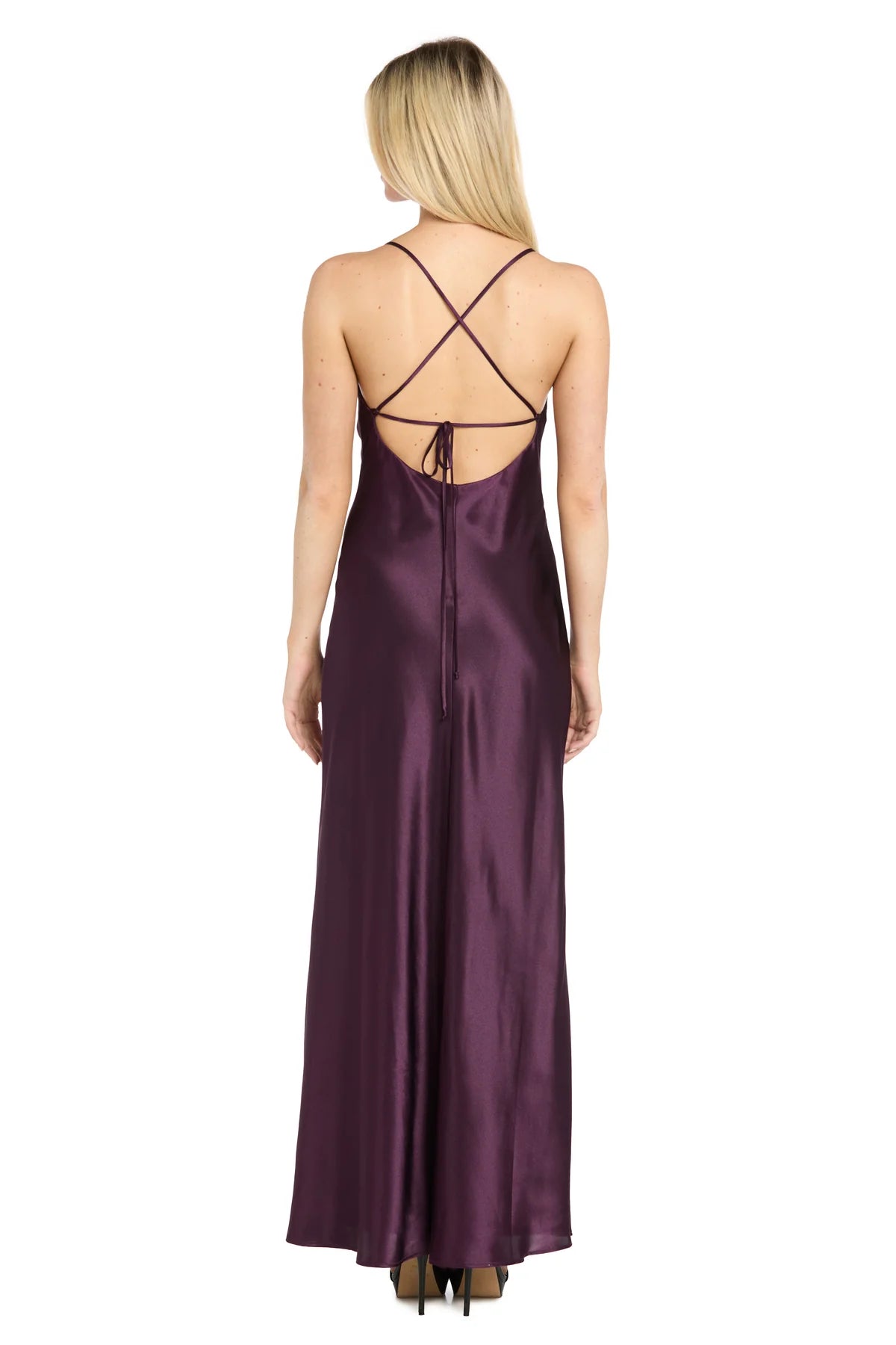 Lustrous Slip-Style Cowl-Neck Spaghetti-Strap Lace-Up Purple Evening Dress