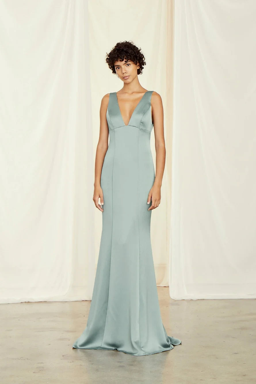 Lustrous Satin Mermaid Plunging V-Neck Sleeveless V-Back Floor-Length Bridesmaid Dresses