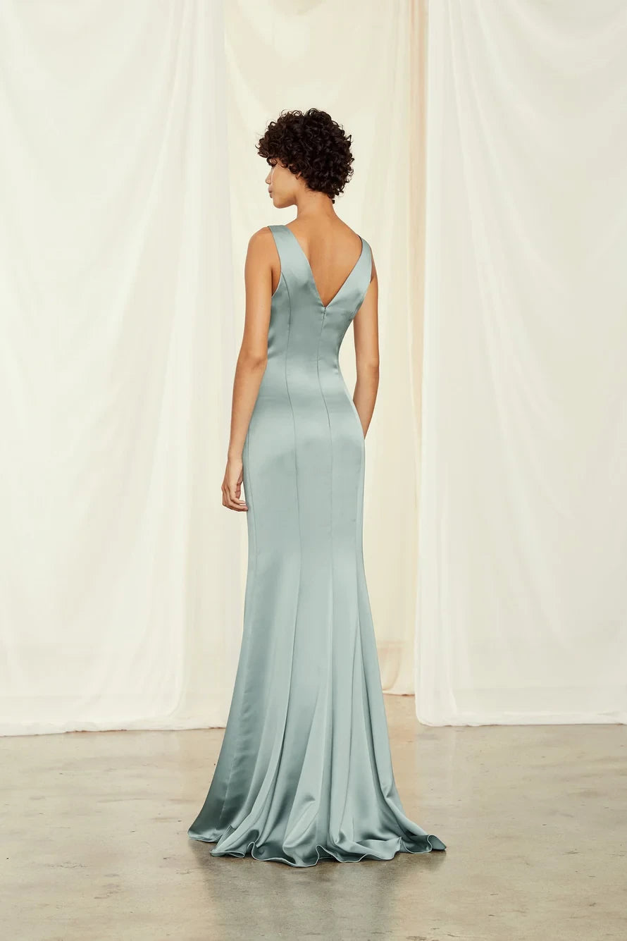 Lustrous Satin Mermaid Plunging V-Neck Sleeveless V-Back Floor-Length Bridesmaid Dresses