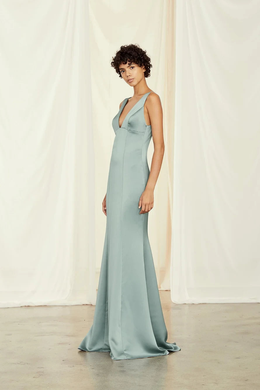 Lustrous Satin Mermaid Plunging V-Neck Sleeveless V-Back Floor-Length Bridesmaid Dresses