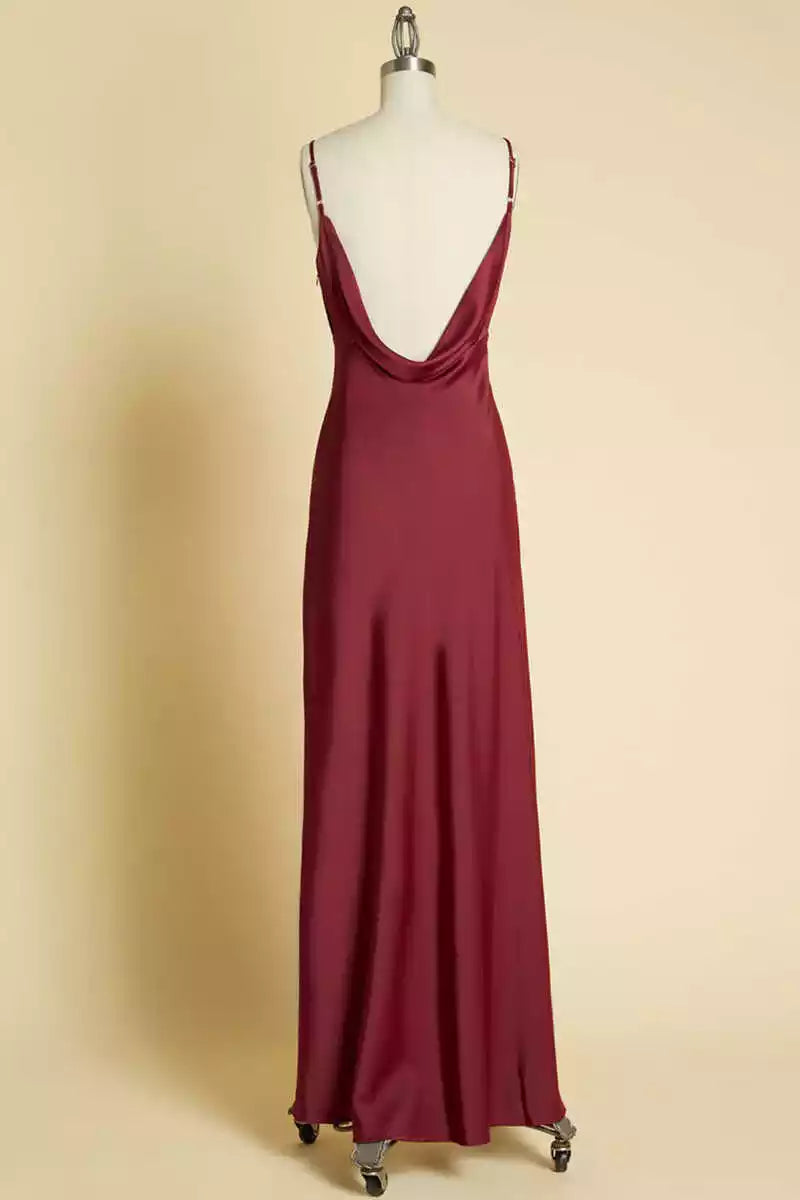 Luxe Burgundy Satin Maxi Gown with V-Neck & Cowl Back