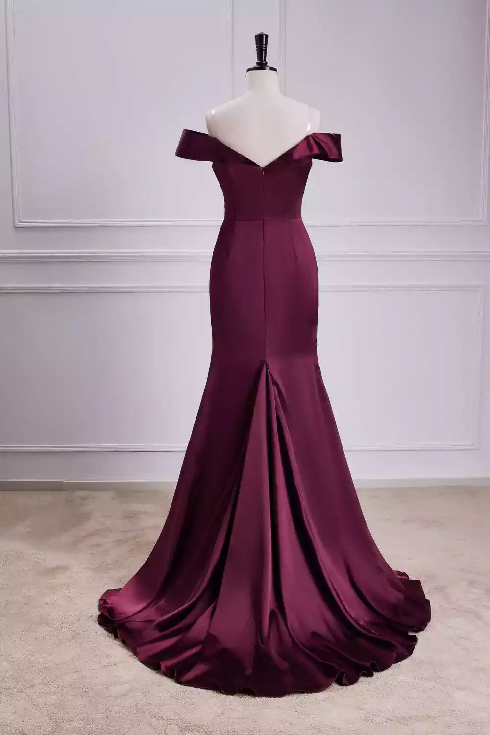 Luxe Burgundy Satin Off-the-Shoulder Mermaid Gown with Ruched Bodice