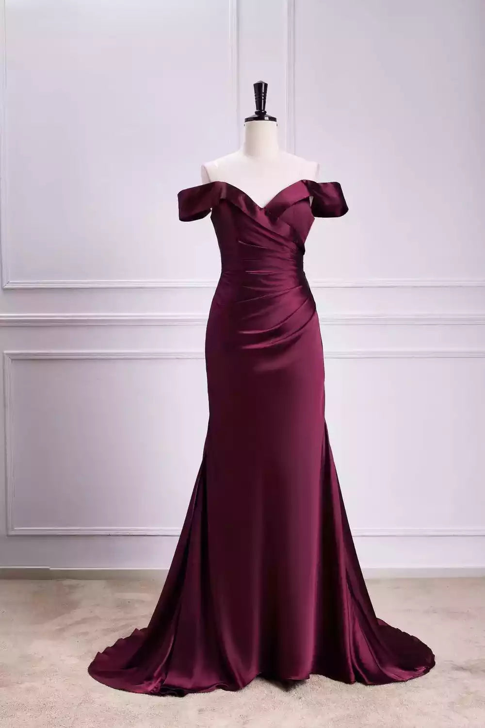 Luxe Burgundy Satin Off-the-Shoulder Mermaid Gown with Ruched Bodice