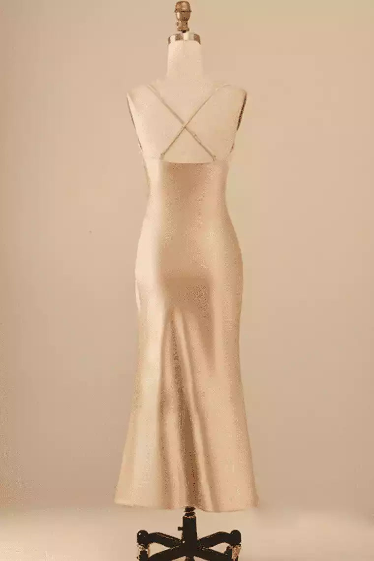Luxe Champagne Satin Midi Dress with Cowl Neck & Crisscross Back