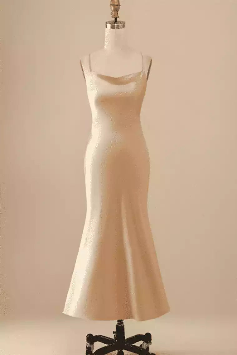 Luxe Champagne Satin Midi Dress with Cowl Neck & Crisscross Back