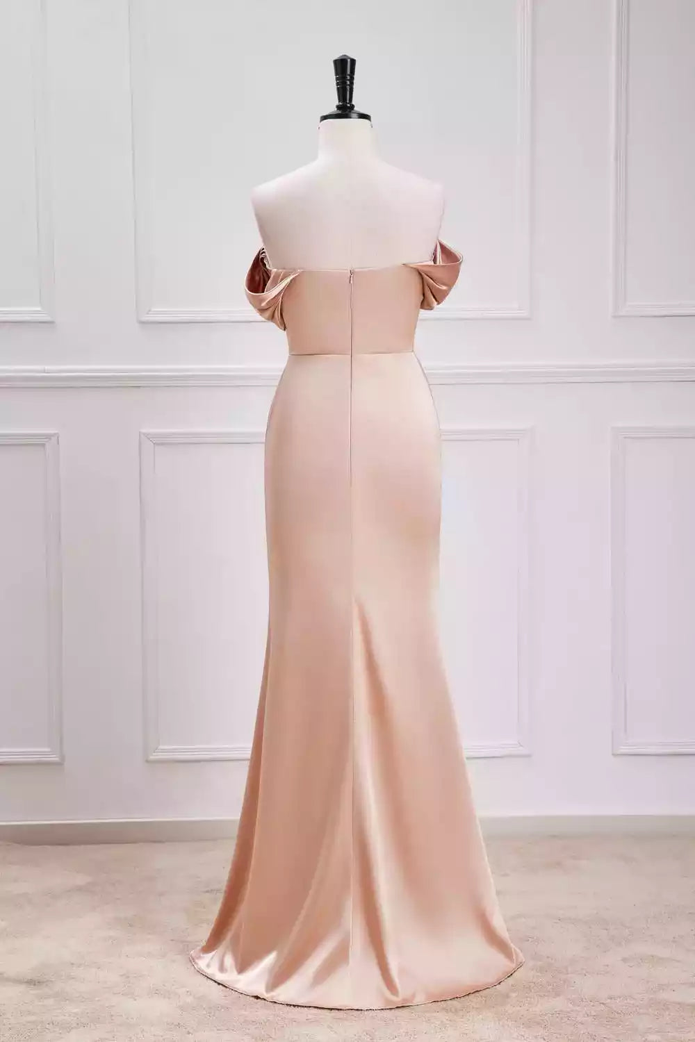 Luxe Champagne Satin Off-the-Shoulder Mermaid Gown with Bow Detail & High Slit