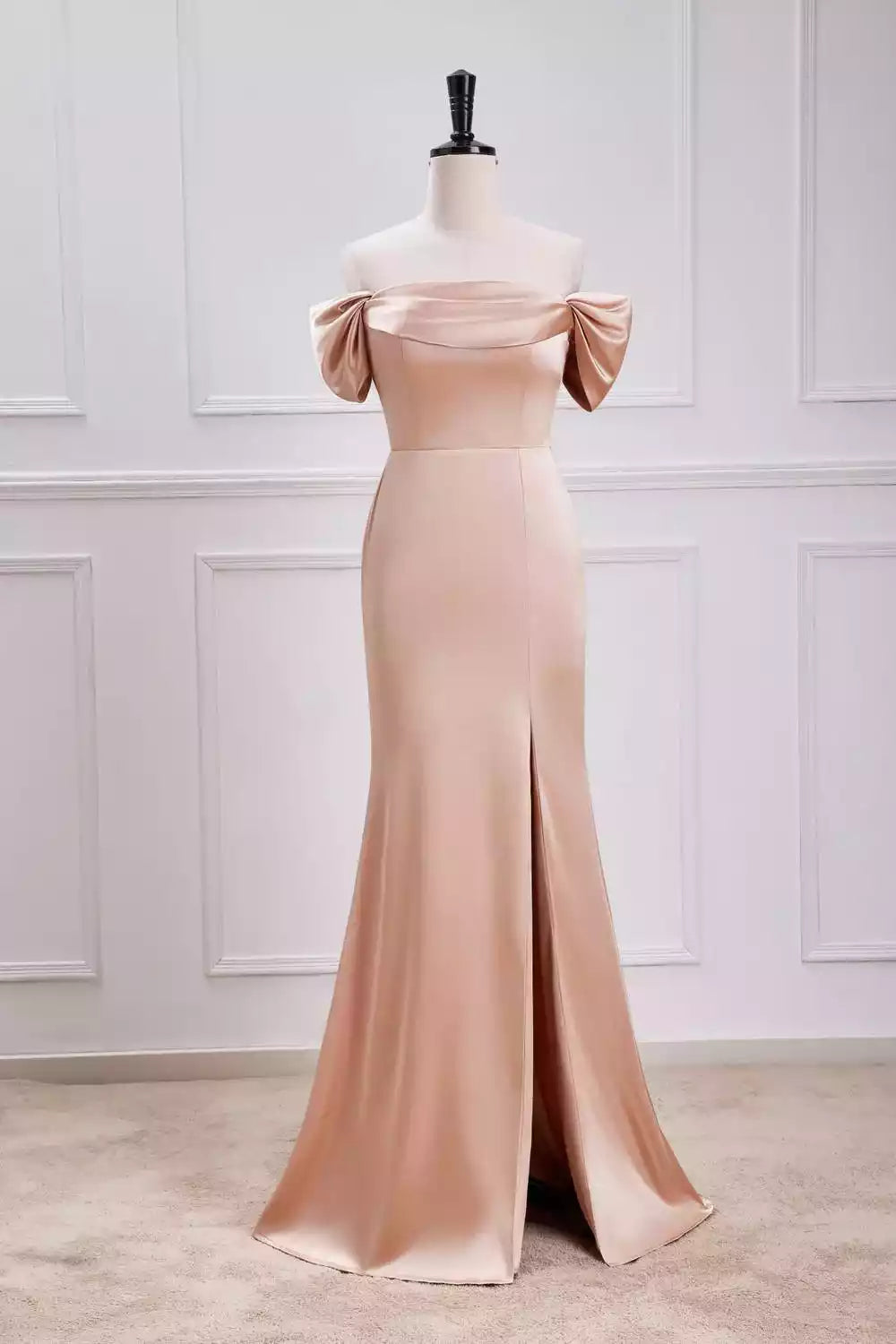 Luxe Champagne Satin Off-the-Shoulder Mermaid Gown with Bow Detail & High Slit