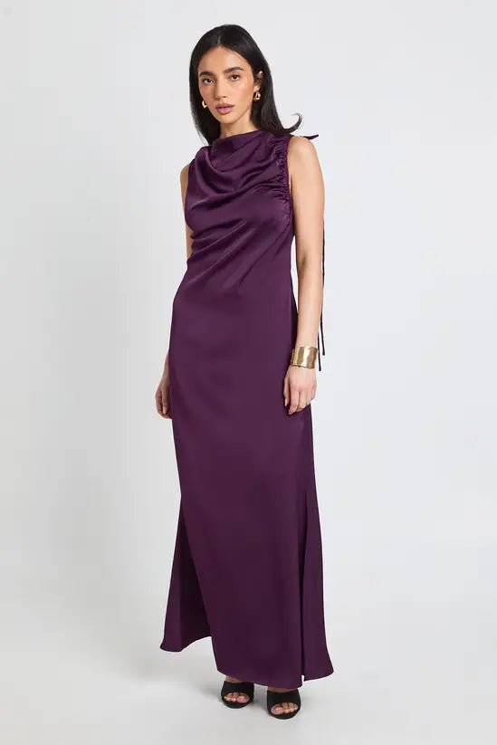 Luxe Cowl Neck Ruched Sleeveless Bias-Cut Satin Evening Gowns