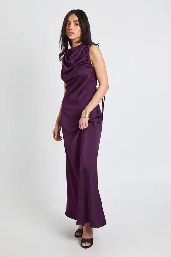 Luxe Cowl Neck Ruched Sleeveless Bias-Cut Satin Evening Gowns