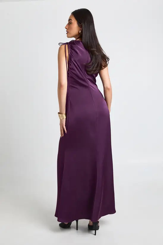 Luxe Cowl Neck Ruched Sleeveless Bias-Cut Satin Evening Gowns