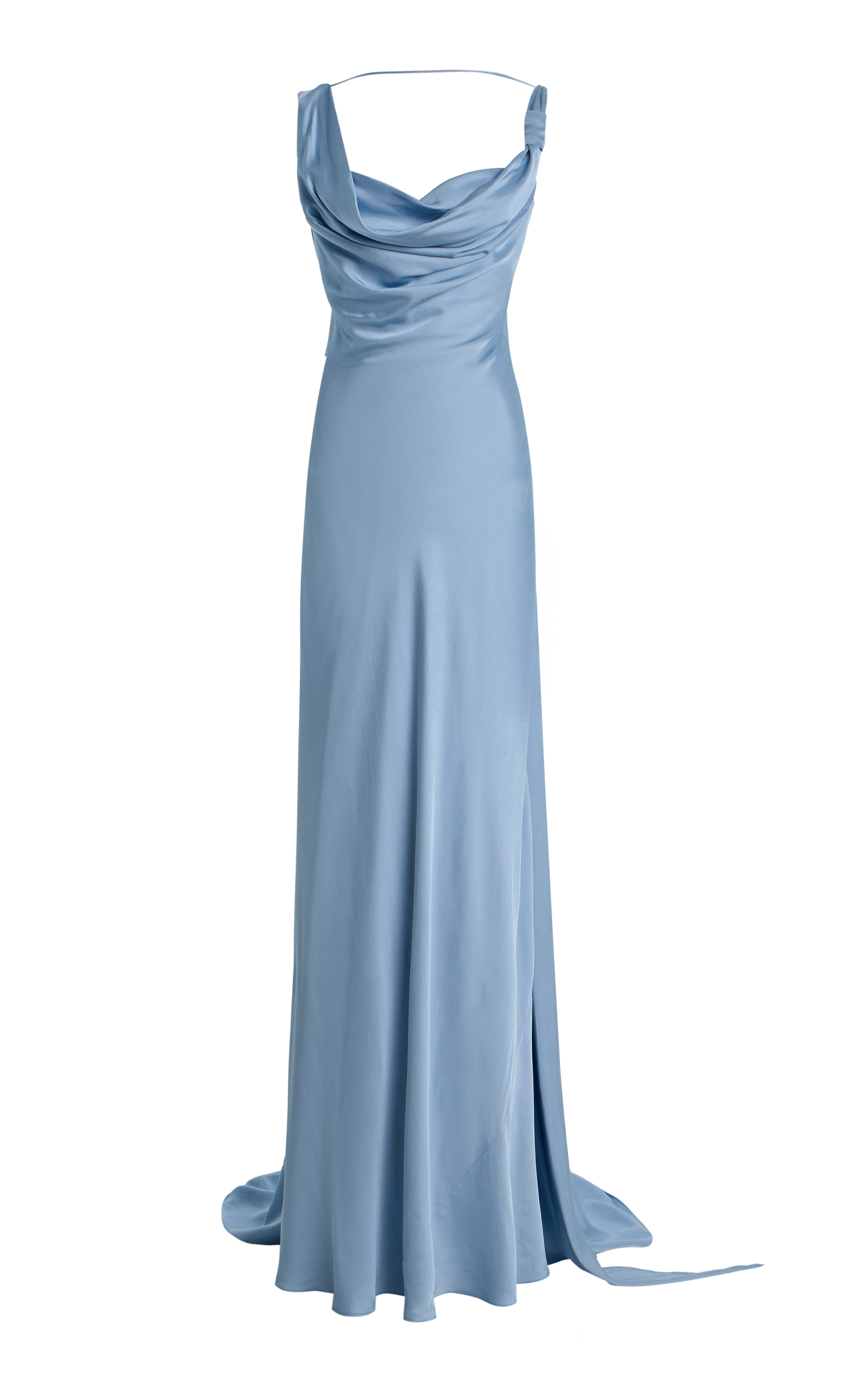 Luxe Dusty Blue Satin Sheath Cowl Neck Sleeveless Open Back Train Evening Gown