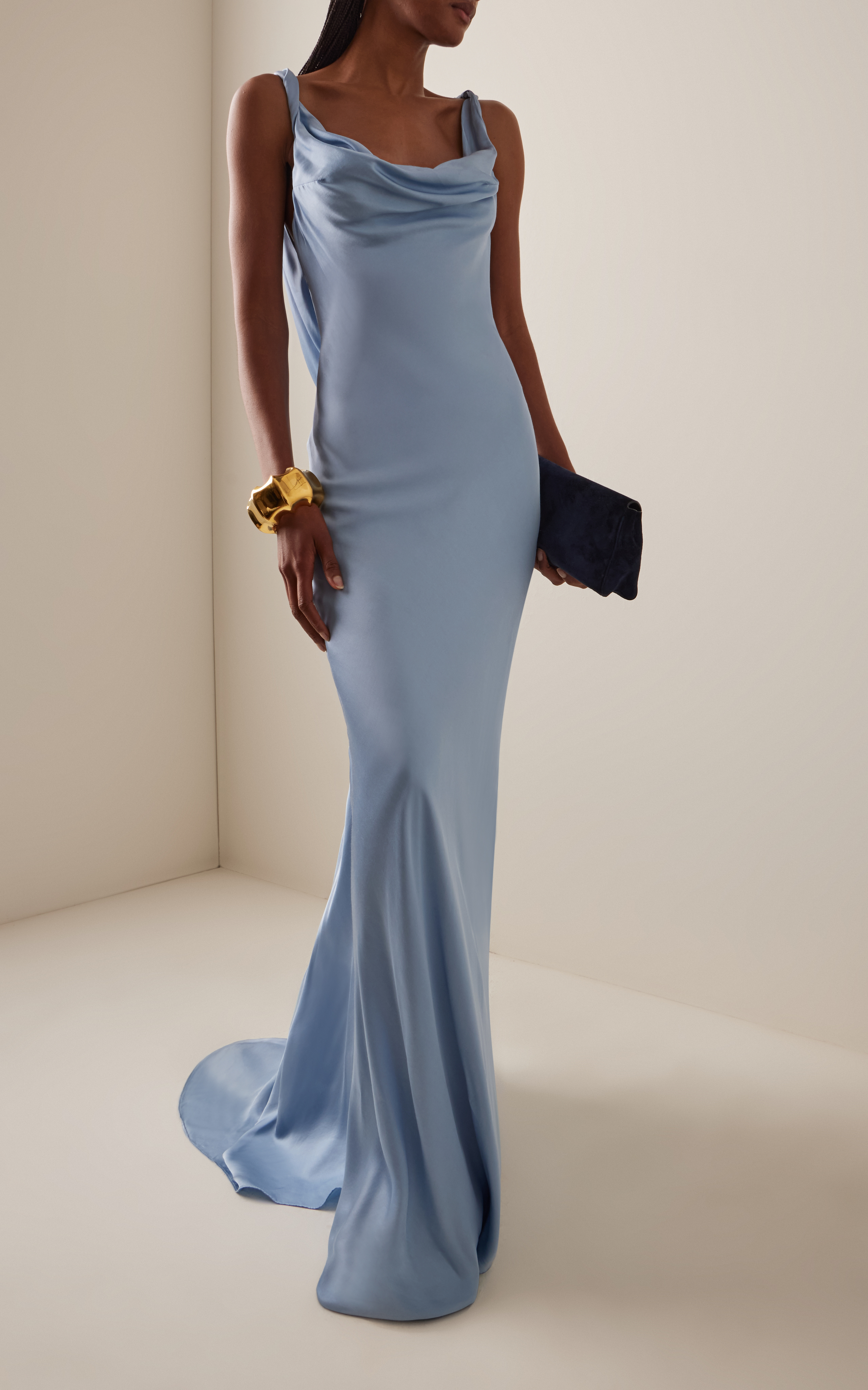 Luxe Dusty Blue Satin Sheath Cowl Neck Sleeveless Open Back Train Evening Gown