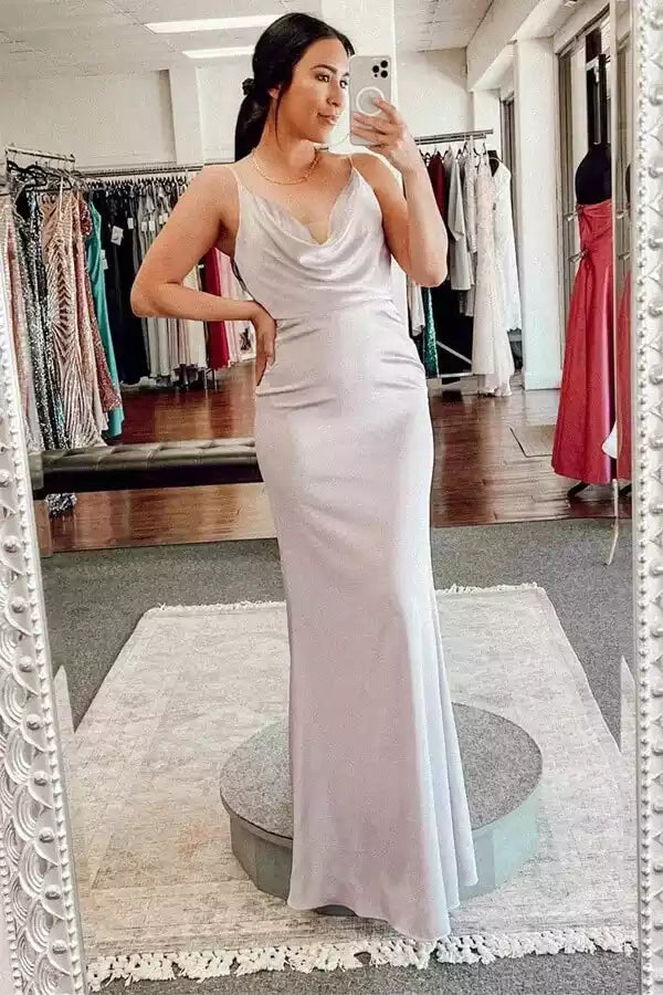Luxe Dusty Lavender Satin Mermaid Gown with Cowl Neck & Tie-Back