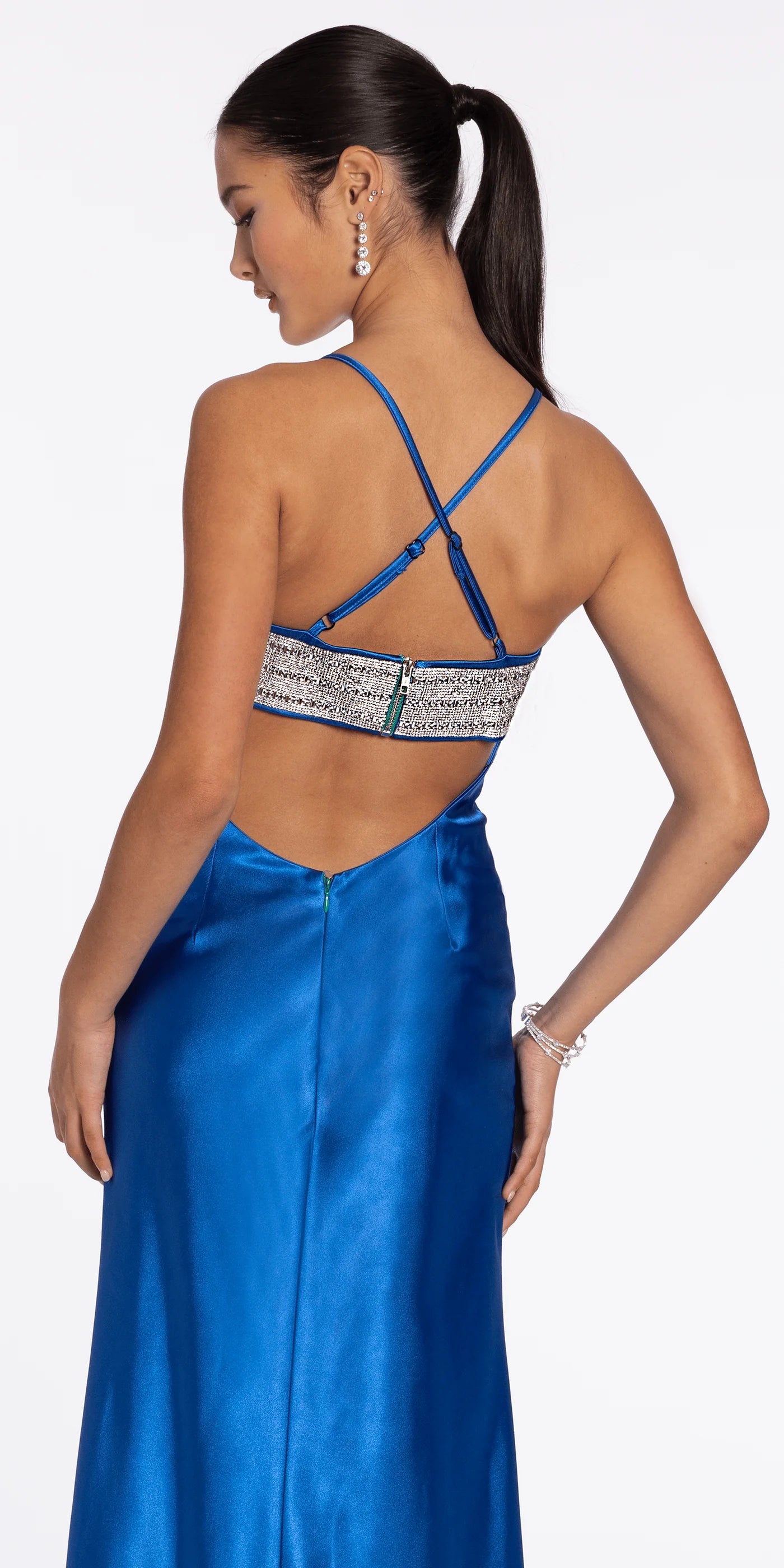Luxe Evening Dress with Spaghetti Straps, Rhinestone Trim and Open Back Detail