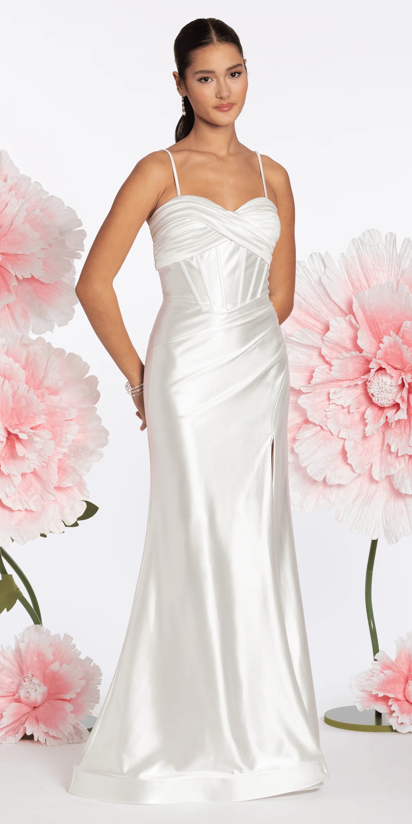 Luxe Metallic Evening Dress with Corset Bodice, Crisscross Back and High Slit