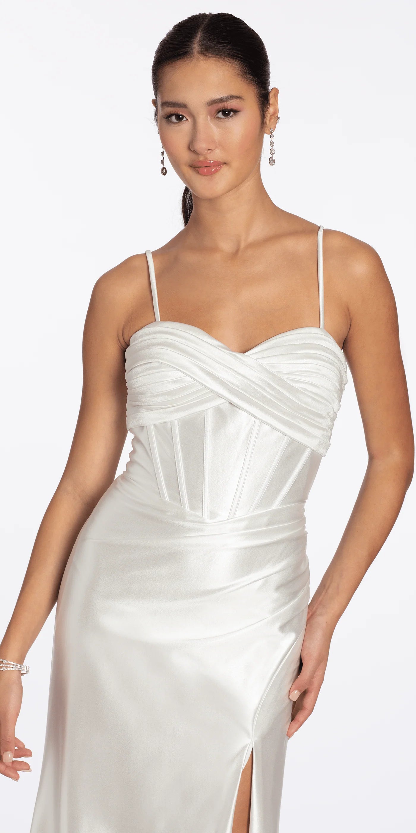 Luxe Metallic Evening Dress with Corset Bodice, Crisscross Back and High Slit
