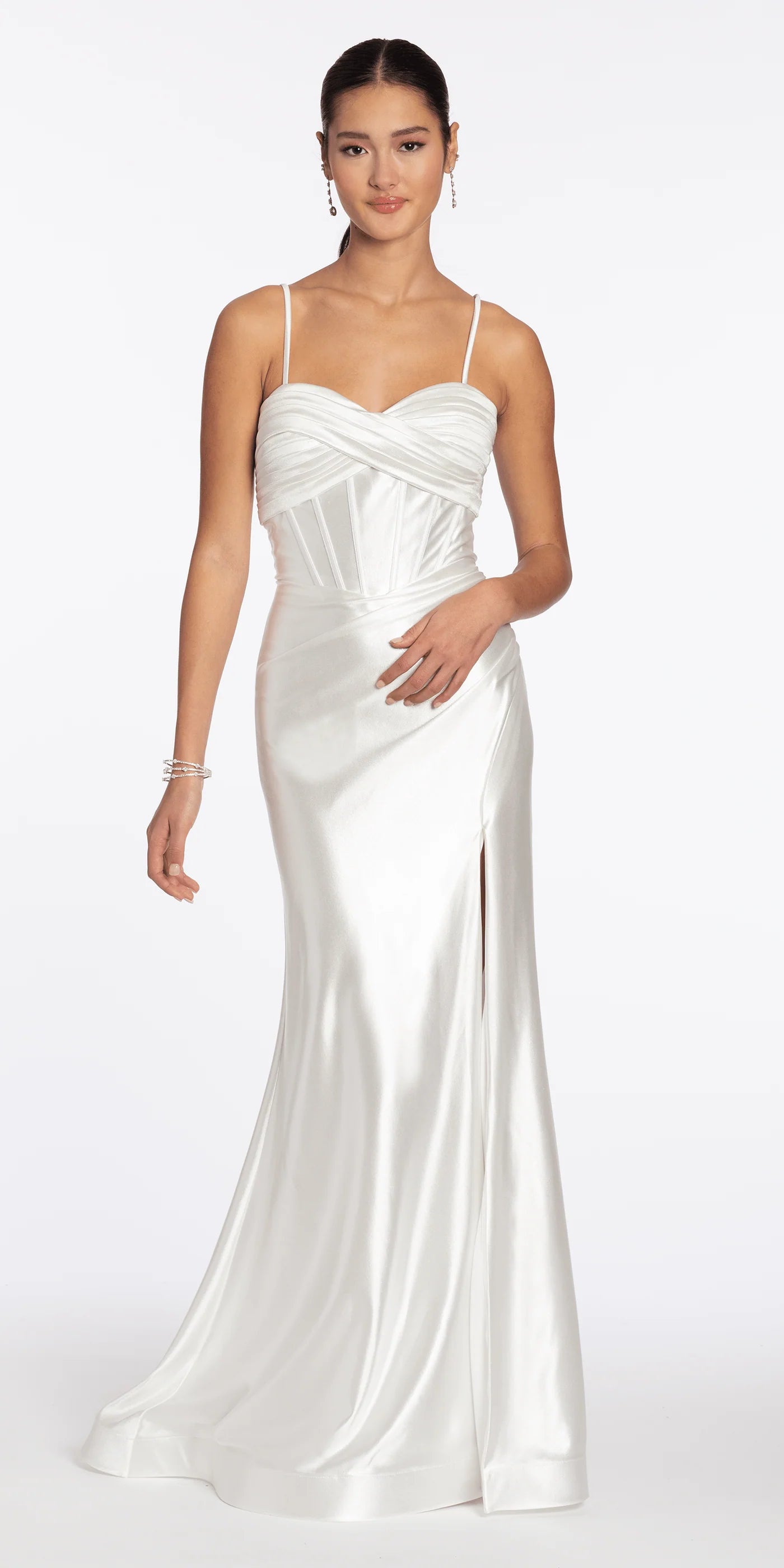Luxe Metallic Evening Dress with Corset Bodice, Crisscross Back and High Slit