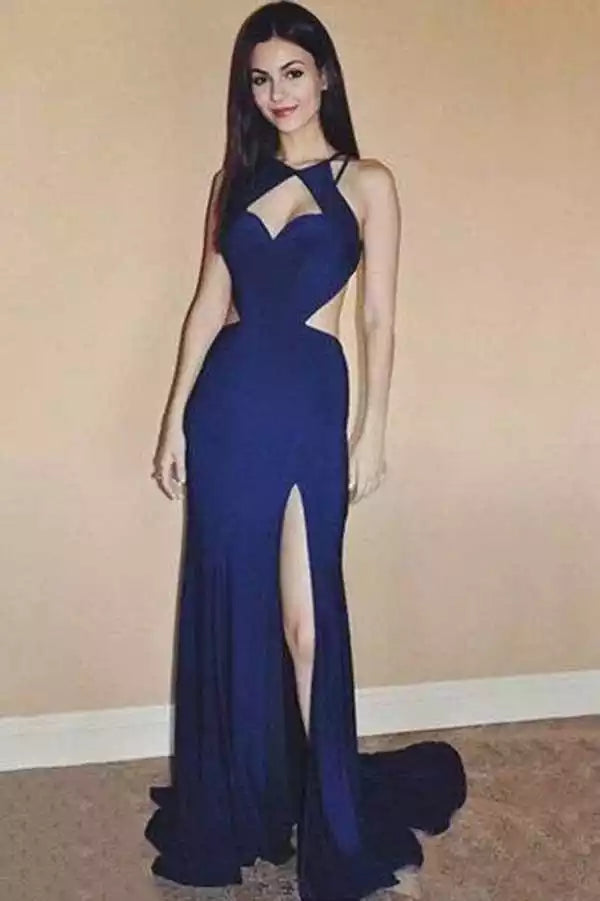 Luxe Navy Blue Stretch Satin Mermaid Gown with Halter Cutout Neck & Open Back
