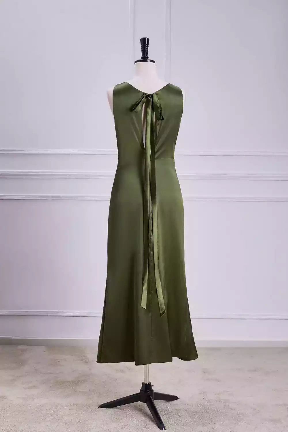 Luxe Olive Green Satin Midi Dress with Tie-Back Detail