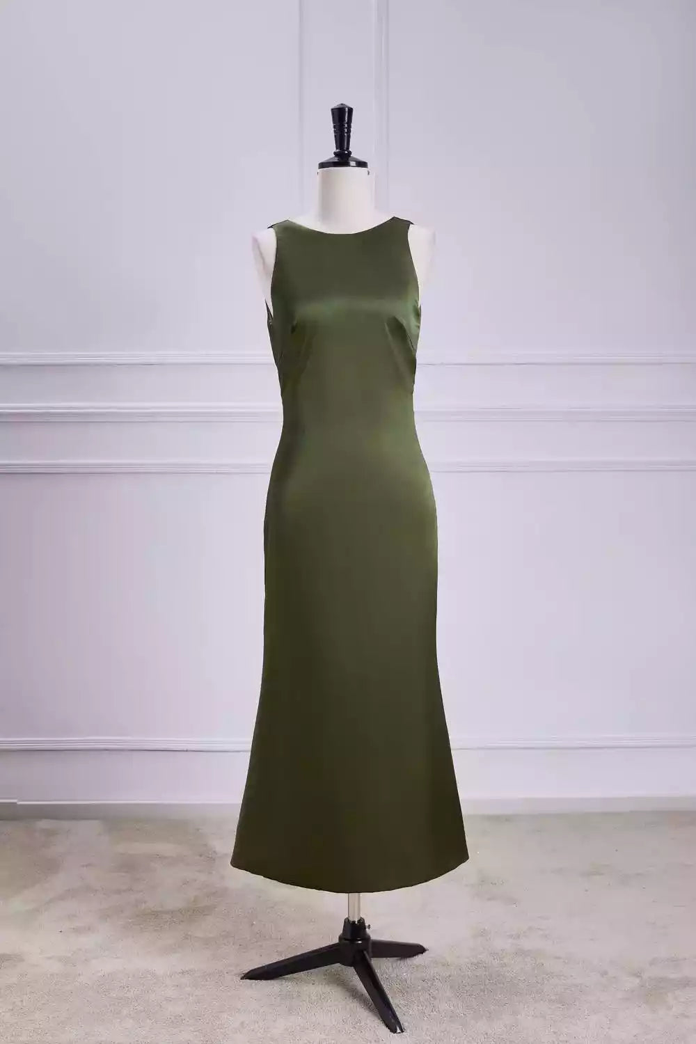 Luxe Olive Green Satin Midi Dress with Tie-Back Detail