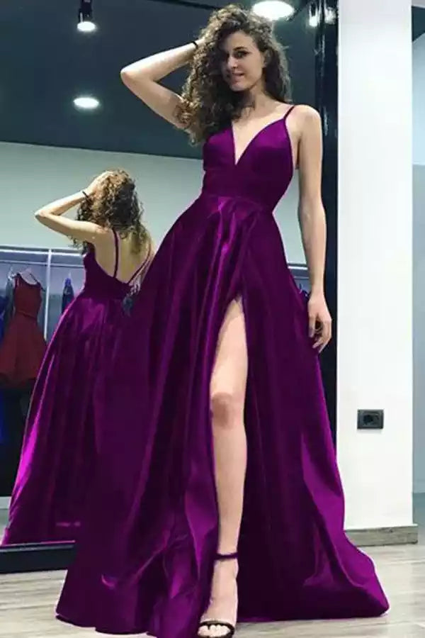 Luxe Plum Satin A-Line Gown with Plunge V-Neck & High Slit
