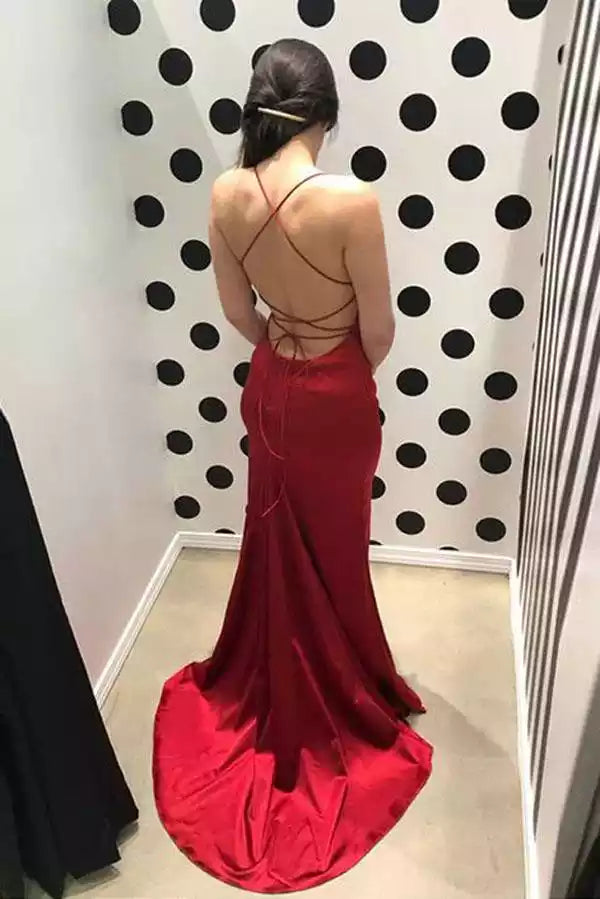 Luxe Red Satin Mermaid Gown with Strapless Neck & Lace-Up Open Back
