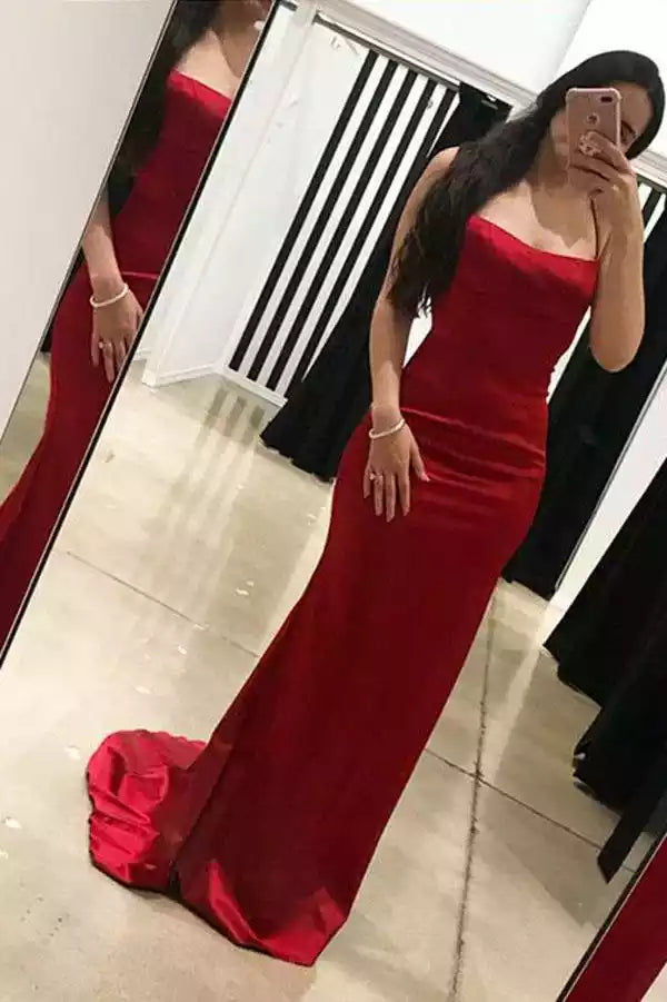 Luxe Red Satin Mermaid Gown with Strapless Neck & Lace-Up Open Back