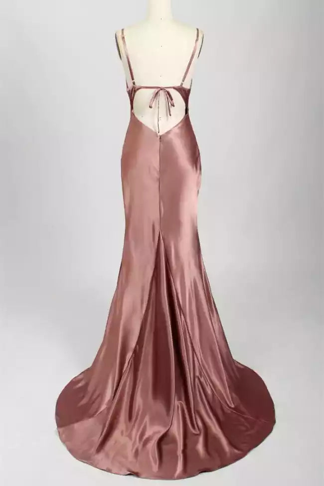 Luxe Rose Gold Satin Mermaid Gown with Cowl Neck & Open Back