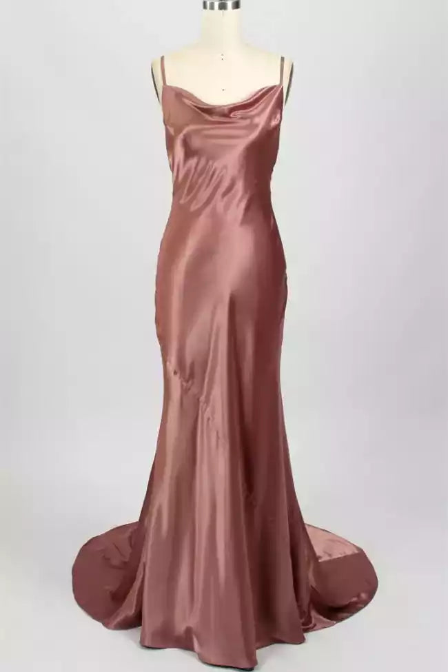 Luxe Rose Gold Satin Mermaid Gown with Cowl Neck & Open Back