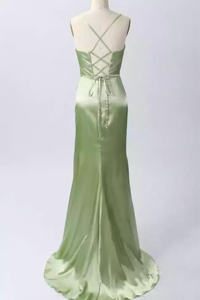 Luxe Sage Green Satin Mermaid Gown with Cowl Neck & Lace-Up Back