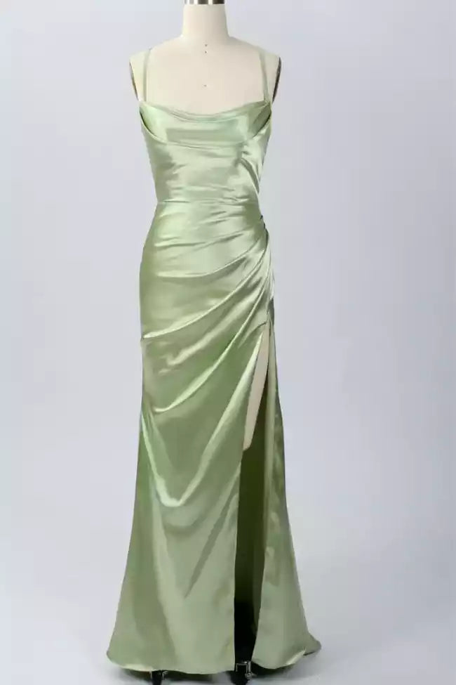 Luxe Sage Green Satin Mermaid Gown with Cowl Neck & Lace-Up Back