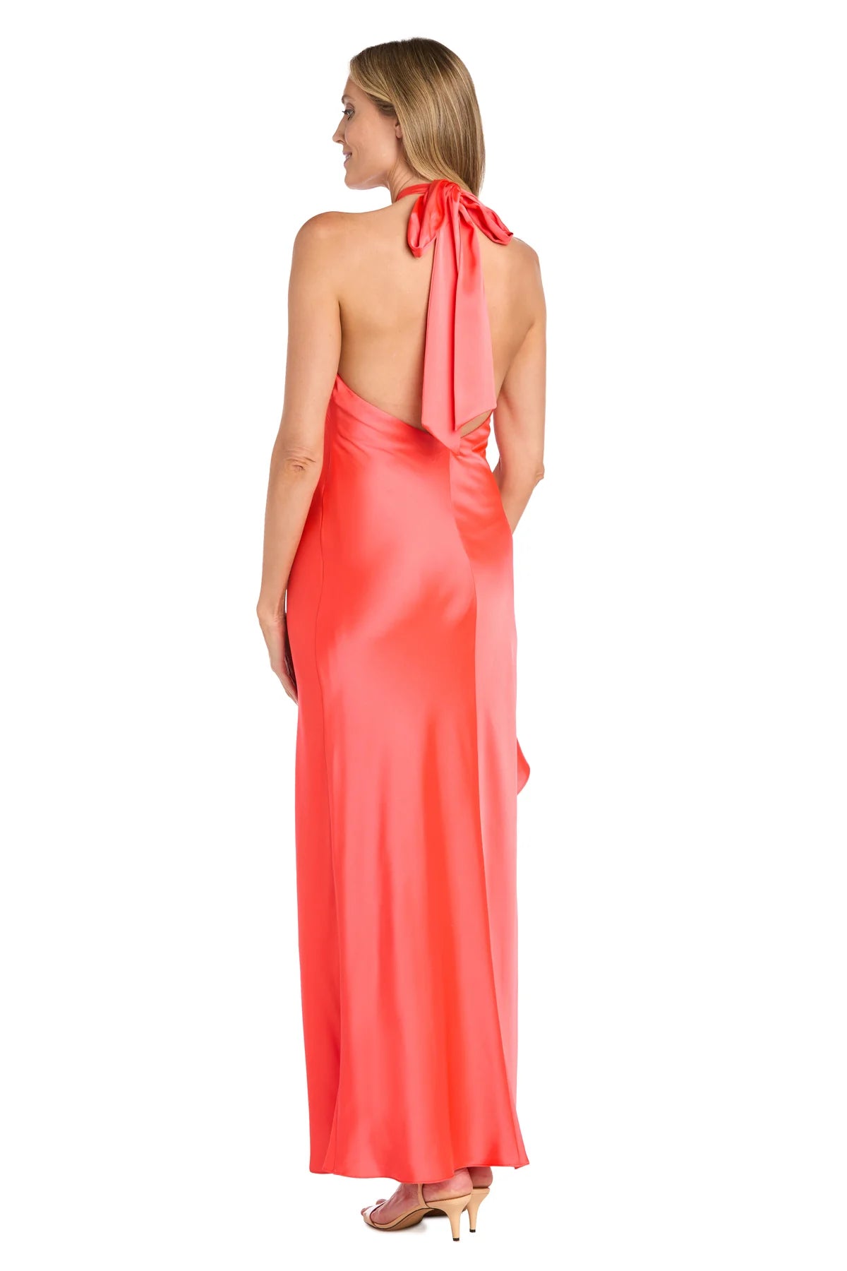 Luxe Satin A-Line Halter Neck Sleeveless Tie-Back Asymmetrical Floor Length Evening Dress