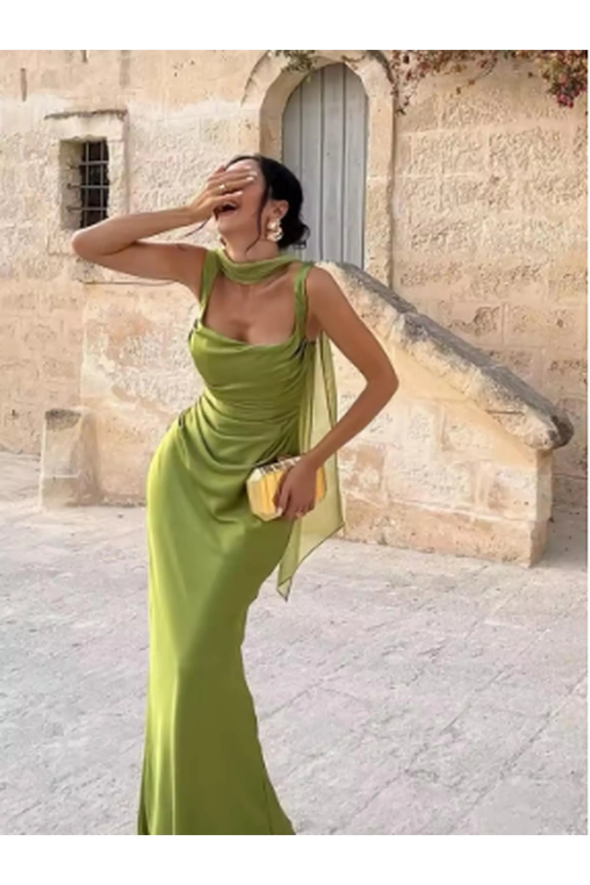 Luxe Satin Mermaid Dress with Cowl Neck and Draped Scarf Detail