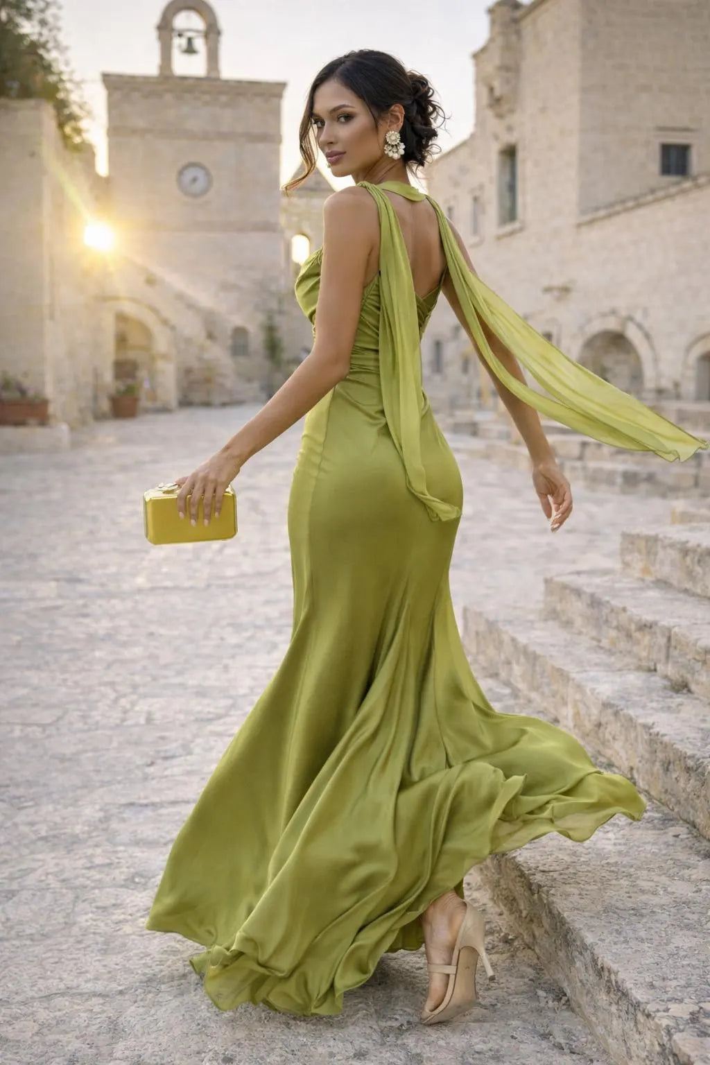Luxe Satin Mermaid Dress with Cowl Neck and Draped Scarf Detail
