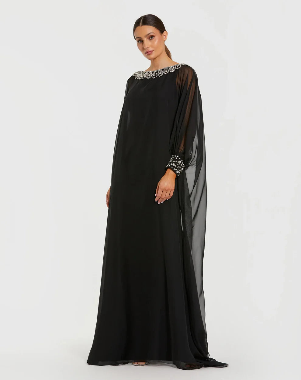 Luxurious Beaded Chiffon Cape Gown Boat Neck Sheer Long Sleeves Zipper Back Floor-Length Evening Dresses