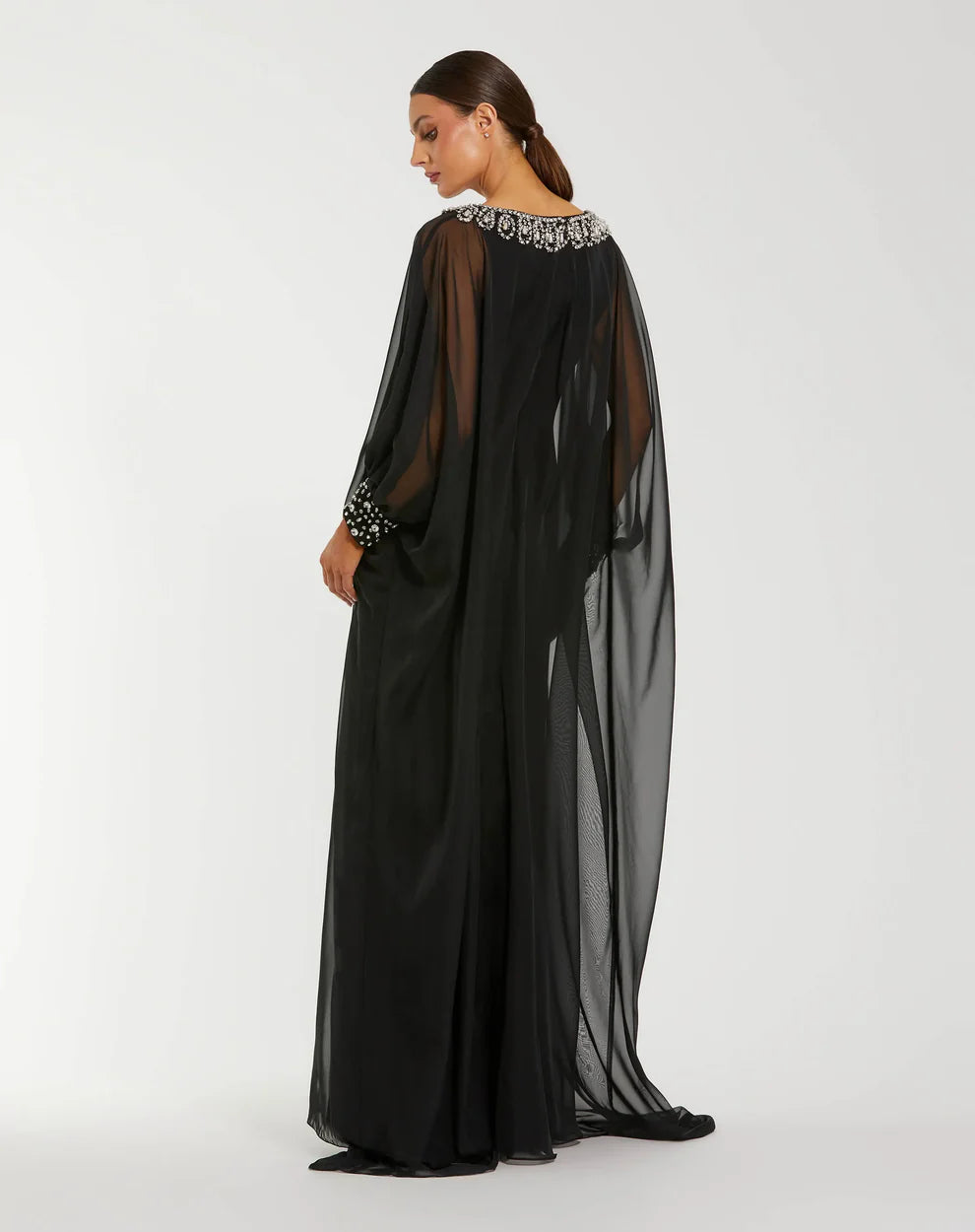 Luxurious Beaded Chiffon Cape Gown Boat Neck Sheer Long Sleeves Zipper Back Floor-Length Evening Dresses