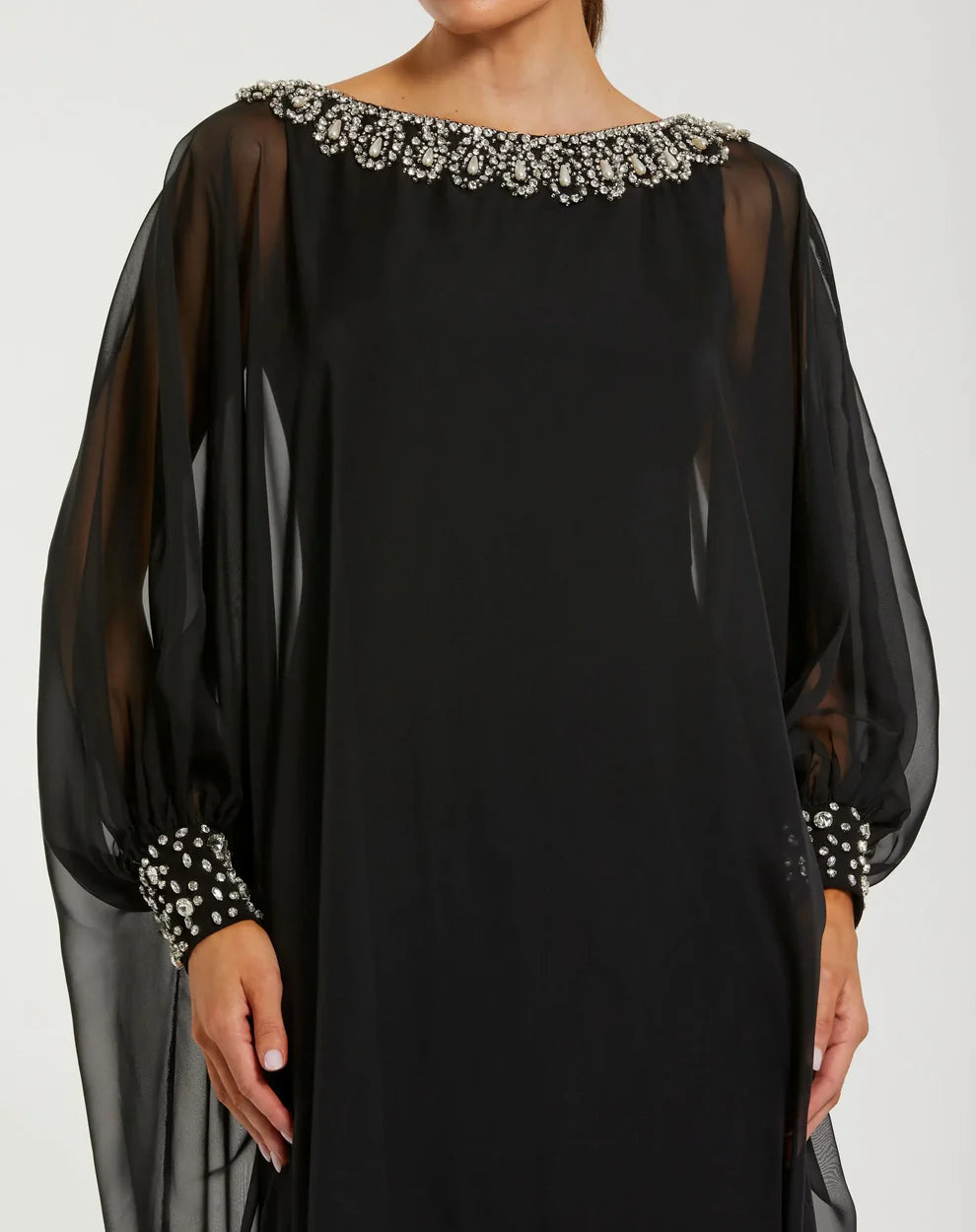Luxurious Beaded Chiffon Cape Gown Boat Neck Sheer Long Sleeves Zipper Back Floor-Length Evening Dresses